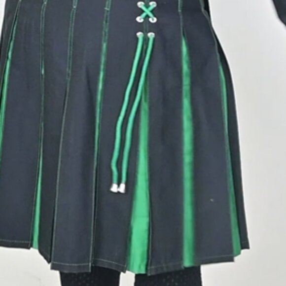 Fashion Utility Black Hybrid Kilt  Green Pleats and Lacing Highlander Kilt NEW - Picture 8 of 9